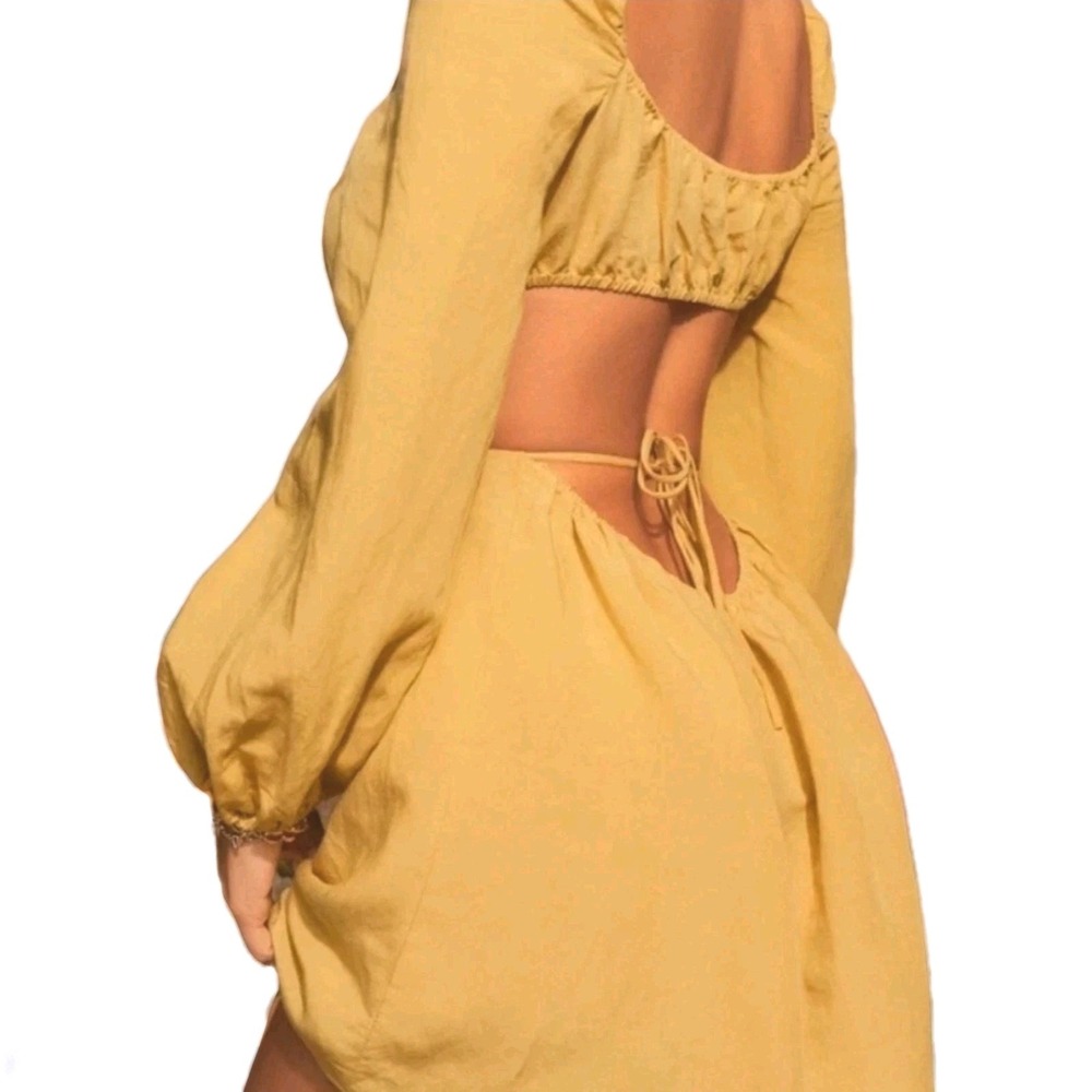 EMORY PARK Dress Size L Yellow Bohemian Cut Outs Low Back Linen Blend‎ - Picture 3 of 11